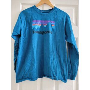 Patagonia Mens Blue long sleeve Tee shirt logo graphic size Large Outdoor